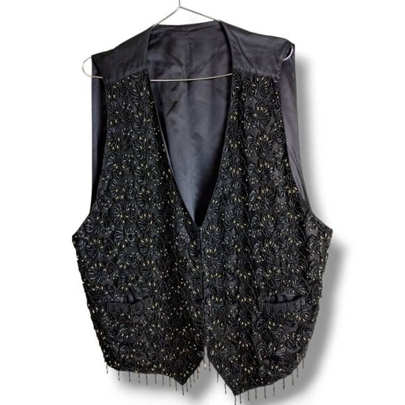 August Max Jackets & Blazers - August Max Woman XL Black & Gold Vest Jacket Top Women Beaded Fringe Cottagecore